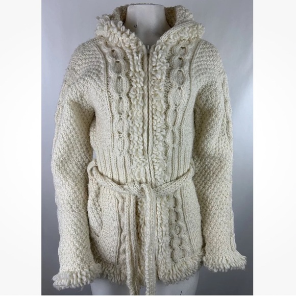 Sisandina Womens One Size 100% Wool Full Zip Fringe Hem Cardigan Cream Belted - Picture 1 of 5